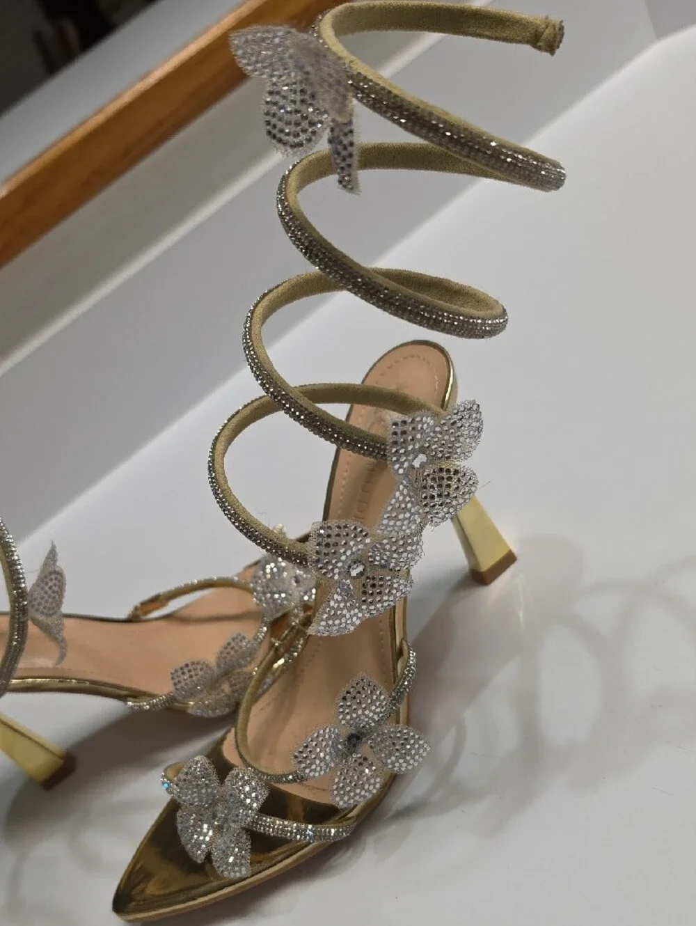 Wild Diva Gold Morris-632 Rhinestone Floral Spiral Wrap Stiletto Heels - Size 7